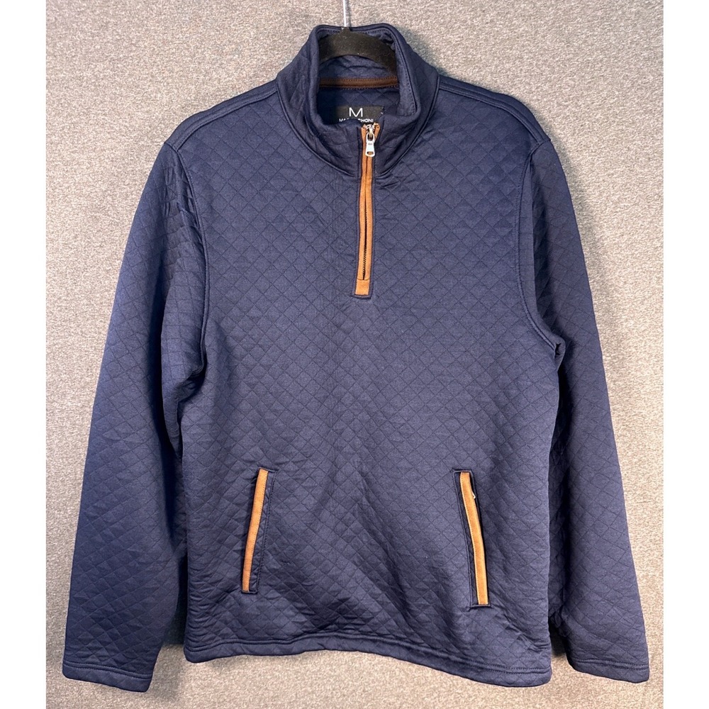 Magaschoni Mens Navy Blue Quilted Quarter Zip Pullover Sweater Jacket Size Small